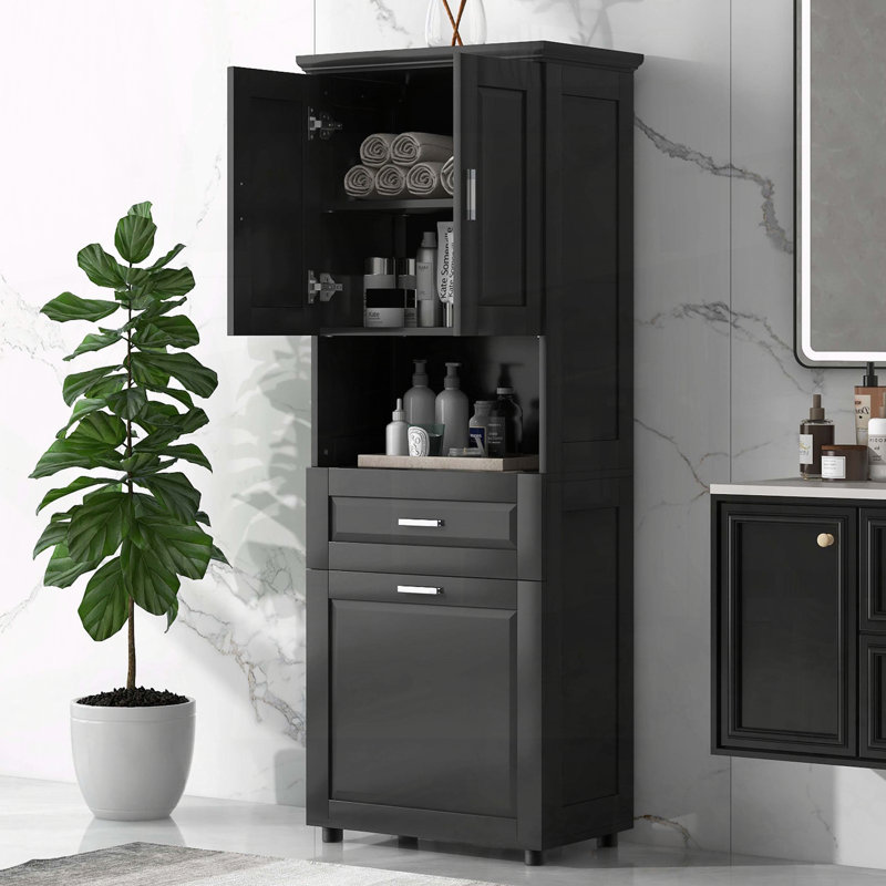 Armoire de salle de bain haute avec panier à linge inclinable, Noir