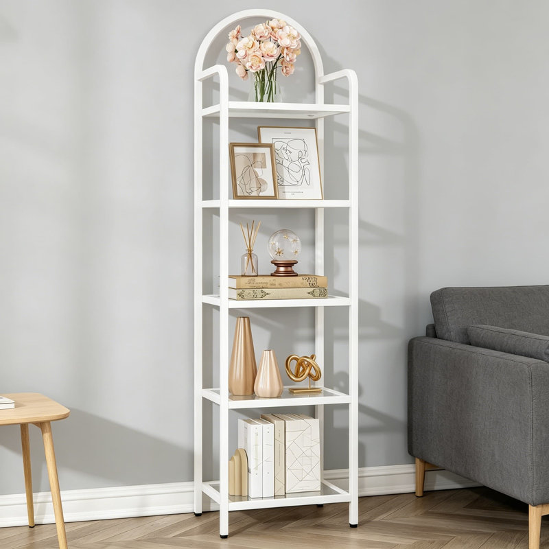 Bibliothèque à 5 niveaux avec tablettes en verre trempé, étagère de rangement mince pour chambre à coucher, salle de bain, bureau personnel, structure en acier