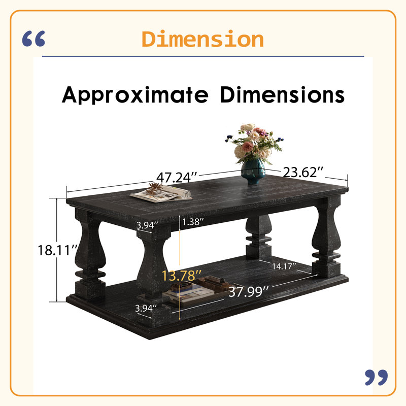 Table basse de style campagnard, avec plateau en planches lourdes et pieds de balustre carrés, longue table de salon rustique de 47,24 po