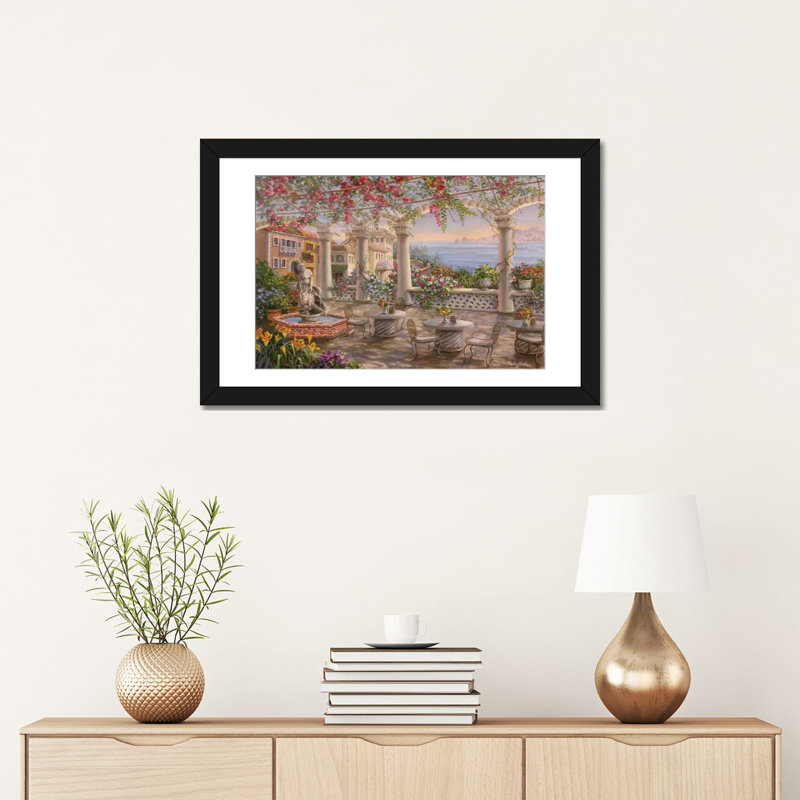 «Dining on the Terrace», reproduction d'art sur toile, H 16 po x l 24 po x P 1 po, Papier beaux-arts encadré noir, Blanc