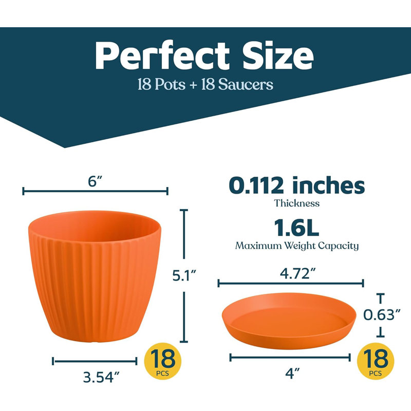 Yellow 6-Inch Plant Pots with Drainage & Saucers 18 Pack, Indoor & Outdoor Planters for Houseplants, Herbs, and Flowers, Durable & Weatherproof Material, Stackable, Lightweight, Minimalist Design