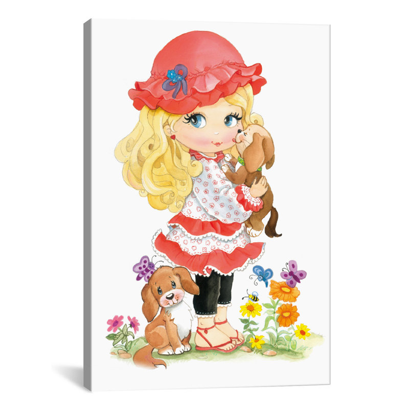 Petite fille blonde avec un chapeau tenant un chiot - reproduction sur toile, H 60 po x l 40po x P 1,5 po