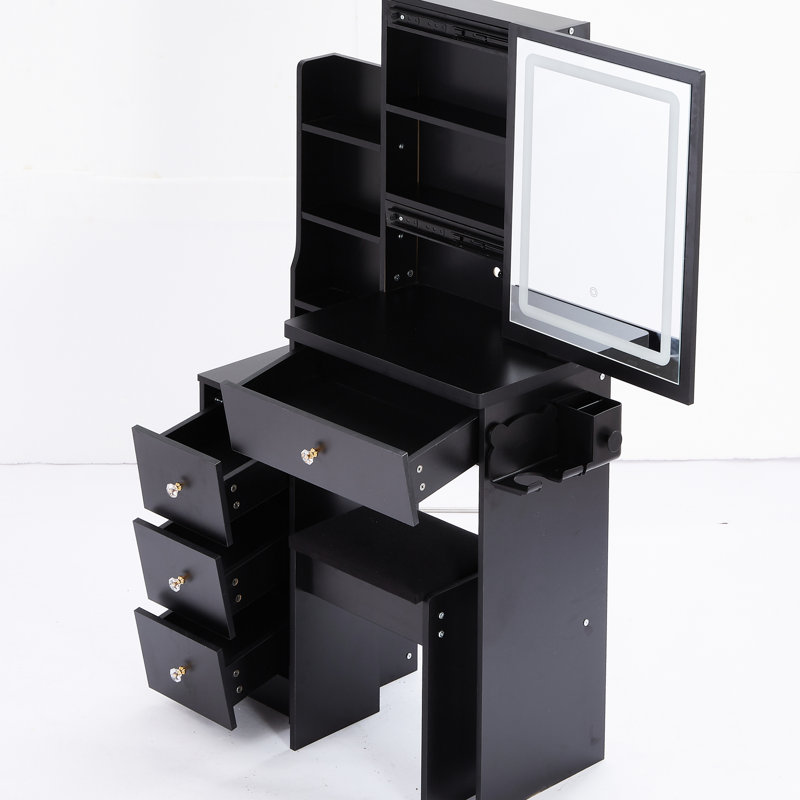 Meuble-lavabo gauche avec siège rembourré, 2 ports AC +, très grand miroir à DEL tactile, réglages, bureau d'ordinateur noir et tabouret - et miroir à commande tactile, style américain