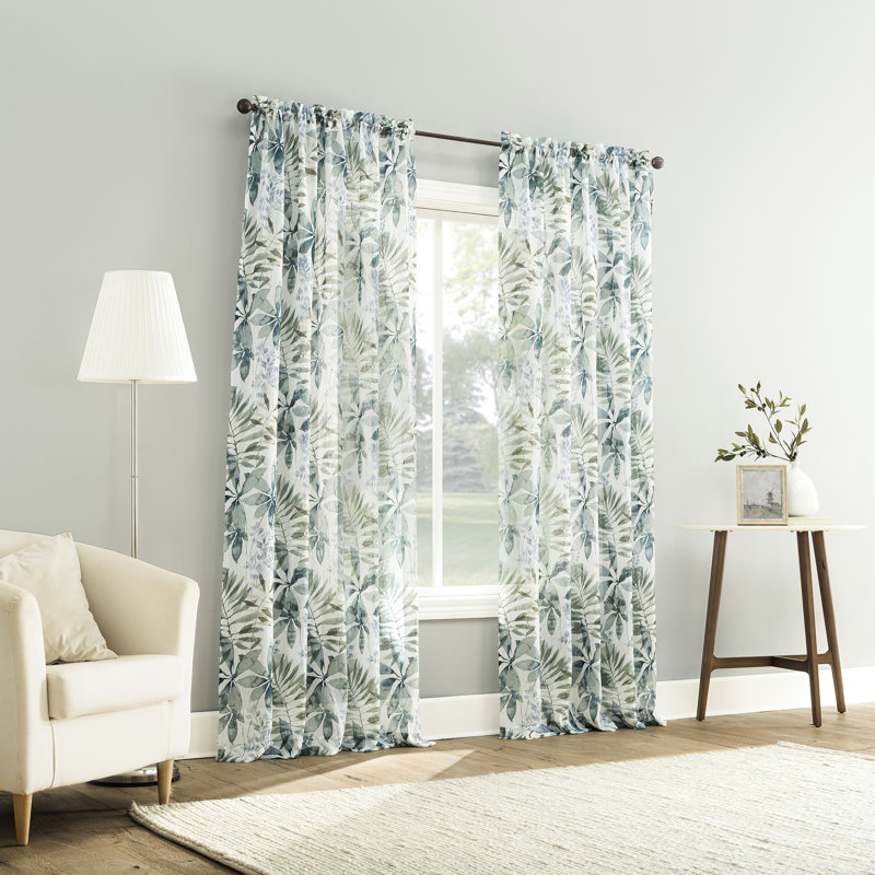 Fiona Foliage Print Crushed Voile Sheer Rod Pocket Curtain Panel, 51" W x 63" L