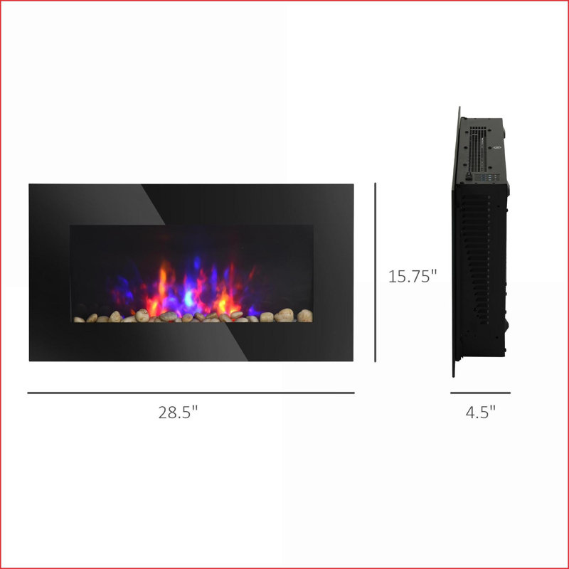 Electric Wall-Mounted Fireplace 28.5" 1500W with Flame Effect, 7 Color Lights | Black | Tempered Glass