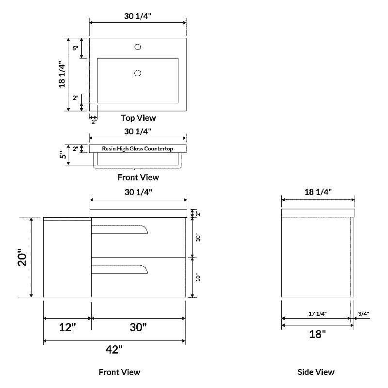 Meuble-lavabo mural simple l 42 po x P 18 po x H 22 po