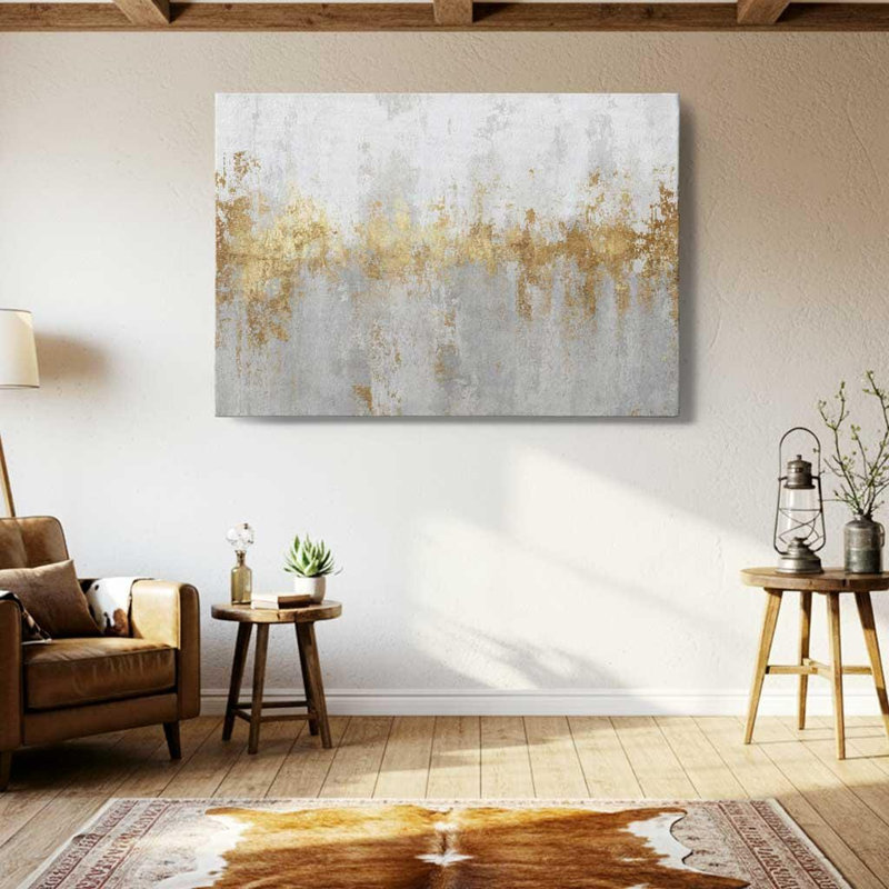 Toile abstraite blanche et dorée, art mural texturé gris - impression de décor moderne glam, peinture industrielle de luxe pour le salon