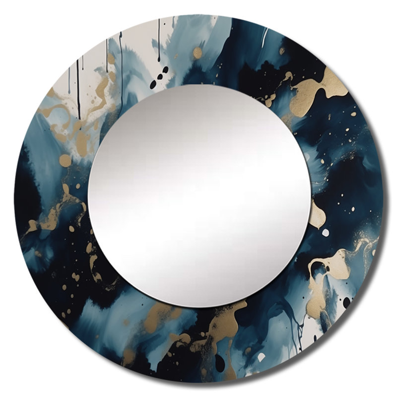 Struve bleu et or marbre liquide encre - miroir en marbre, miroir mural rond bleu décoratif, art imprimé en métal