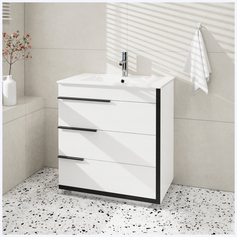 Meuble-lavabo autoportant moderne de 30 po, 3 tiroirs à fermeture en douceur, finition contrastée blanche et noire, poignées en métal artistiques personnalisables, panneau de fibres à densité moyenne (sans lavabo)