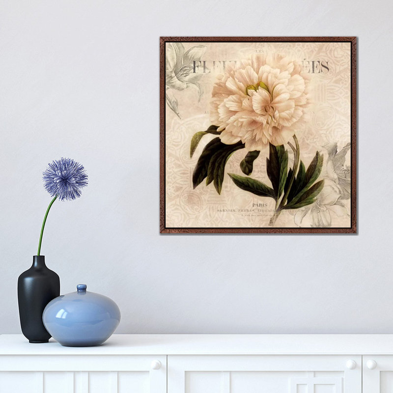 White Peony II by Carol Robinson - Painting on Canvas, 45.72 cm H x 45.72 cm W, Classic Brown Wood Framed