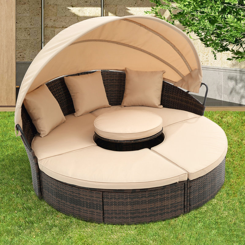 Outdoor Lounge With Canopy: Round Bed  Cushions And Pillows Daybed Foam Fill, Beige