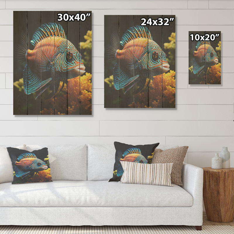 Corail, papillon, aigue-marine, aventure - poisson papillon, art mural sur bois de pin naturel, H 40 po x l 30 po