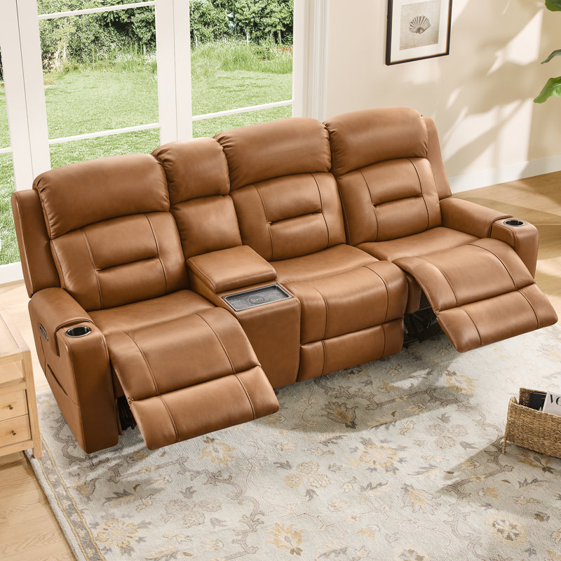 Olathe Genuine Leather Dual Motor Power Reclining Lay Flat Sofa With Power Headrest, Saddle