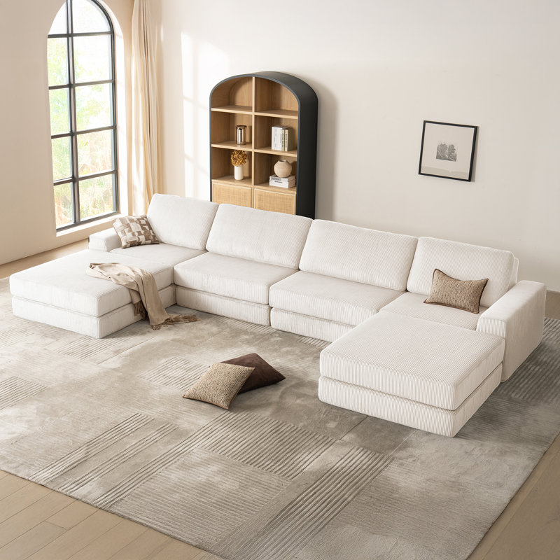 Boneless 160" Sectional Sofa, L-Shape Oversized Boneless Couch , 4 Deep Seat Sofa And 2 Ottoman Set, White