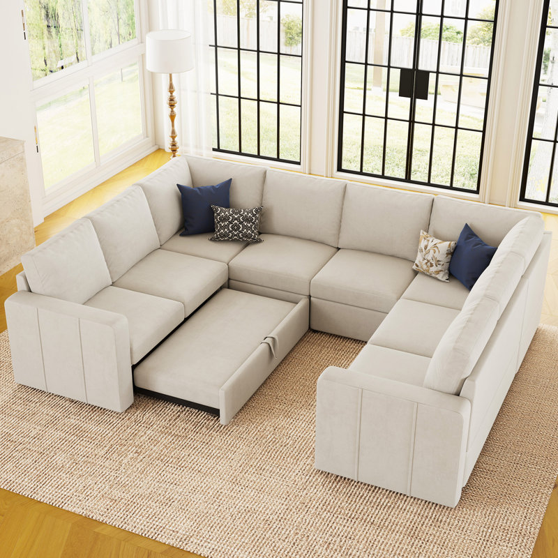 Seybert U Shaped Sofa Oversized Pullout Sofa Bed Modular Sectional Couch Convertible Sleeper, Beige Velvet