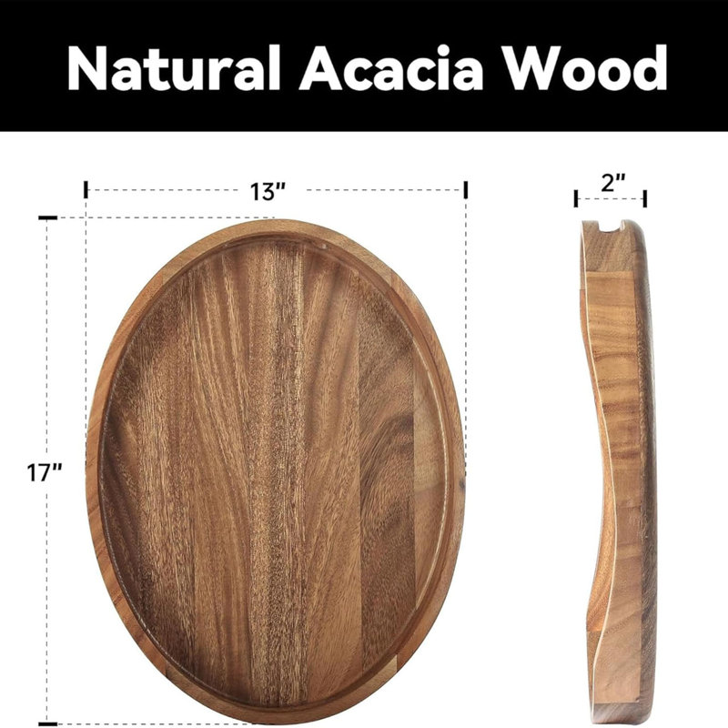 17"x13" Round Acacia Wood Serving Tray with Handles Decorative Ottoman Tray