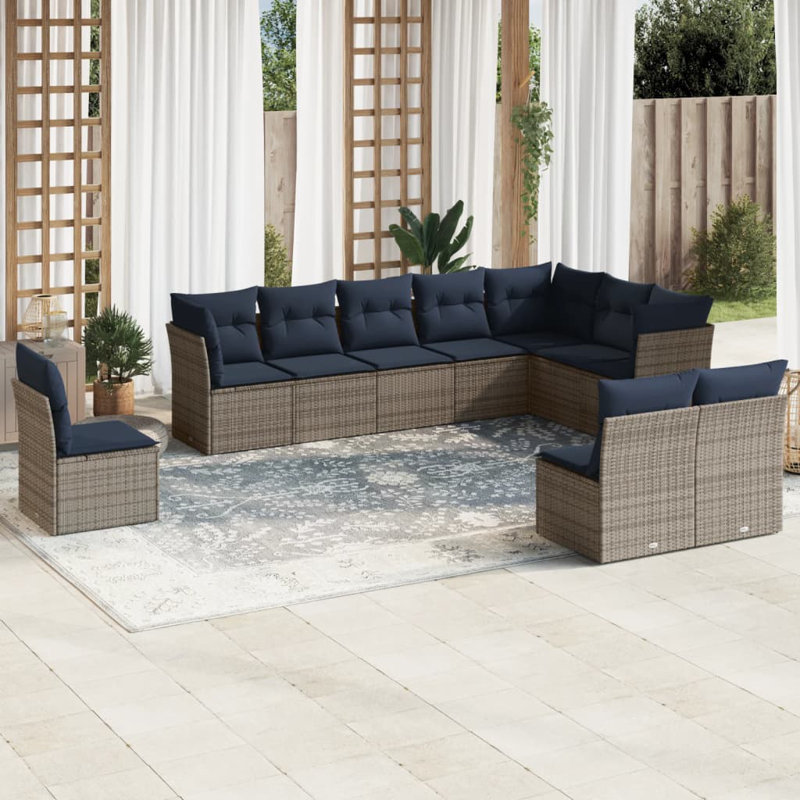 Ensemble de canapé de patio 10 pièces avec coussins 10 po, Marine, Gris