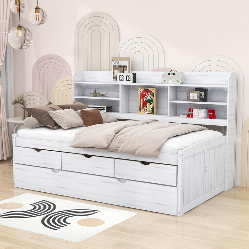 3 Drawers Wood Platform Bed with Shelves and Trundle, Twin, White