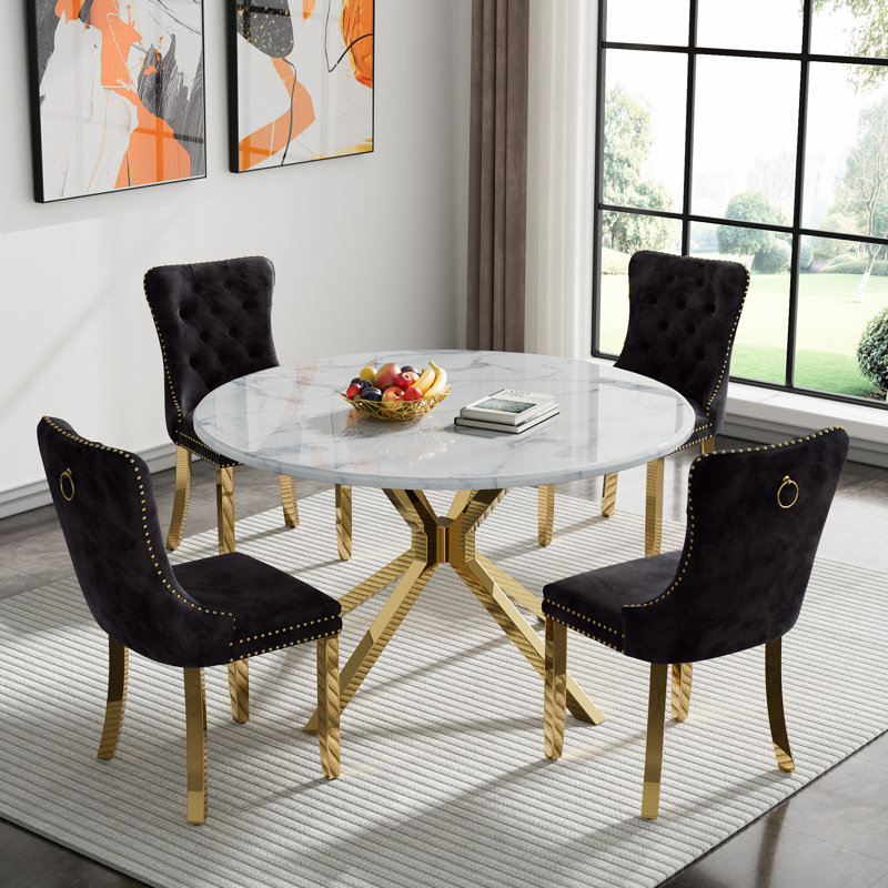 Round Dining Table Set, White Marble Dining Table & Velvet Dining Chairs with Stainless Steel Pedestal, 45" Dining Room Table and Chairs Set, Luxury Dining Table Set