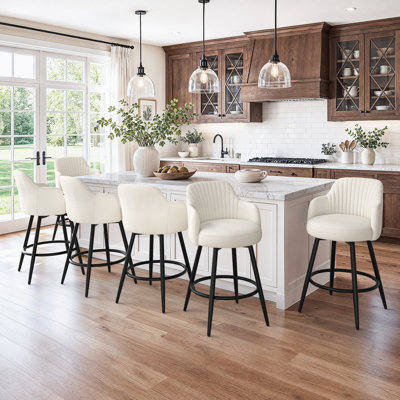 26" Upholstered Swivel Bar & Counter Stool With Arms And Metal Frame For Kitchen Island Counter (Set Of 6)