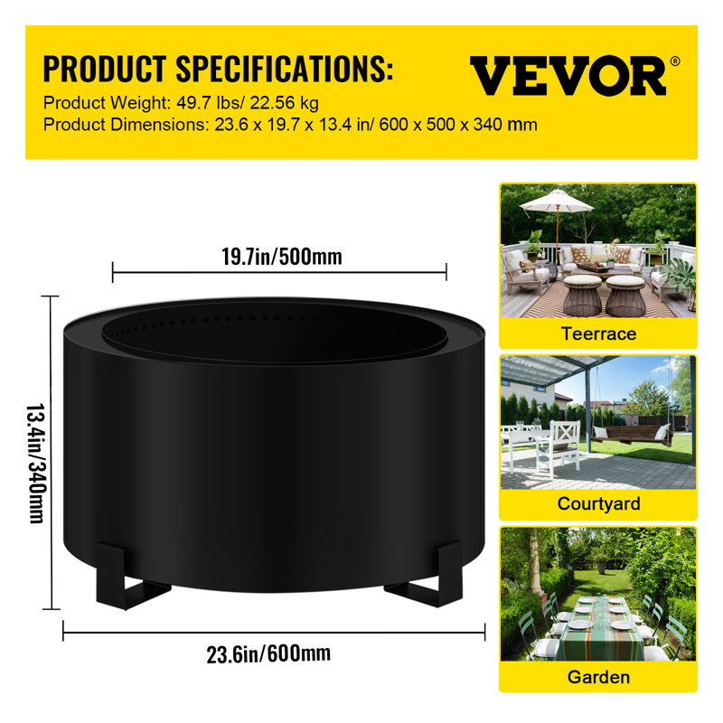 Foyer sans fumée VEVOR 15,6, Noir, H 13,4 po x l 23,6 po x P 23,6 po