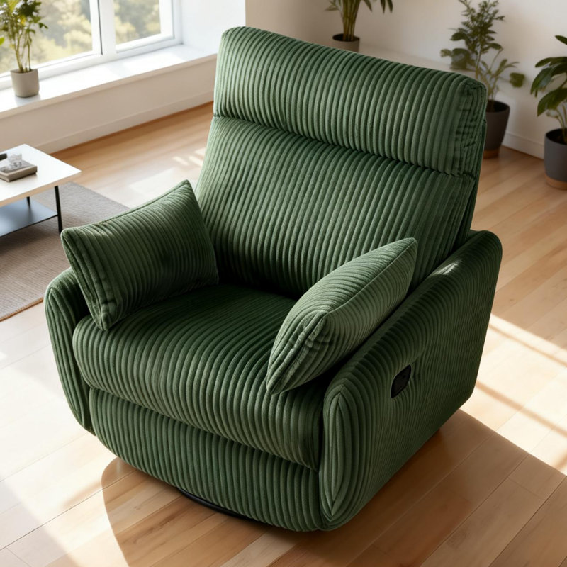 37.5 Inch Modern Swivel Glider Recliner With Footrest And Adjustable Backrest,Soft Plush Corduroy Fabric, Green