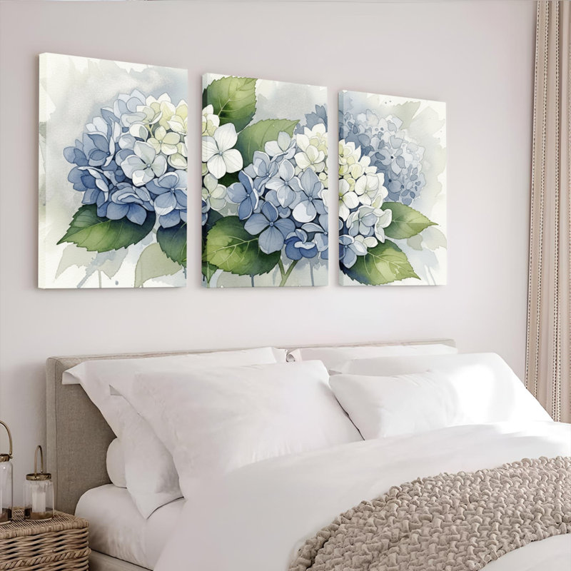 Hydrangées, impression sur toile, ensemble de 3 panneaux, impression botanique moderne pour le salon ou la chambre à coucher
