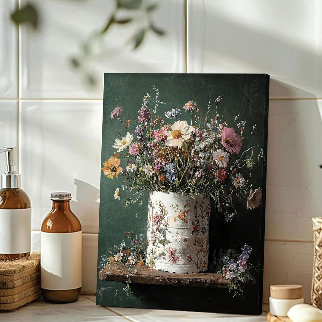 Whimsical Bathroom Canvas Wall Art,Toilet Paper Floral Poster Print.Rustic Farmhouse Botanical Flower Picture,Moody Dark Green Wildflowers Wall Decor