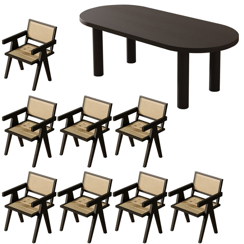 French style solid wood oval dining table set, 9, 29.5"H x 86.6"L x 35.4"W