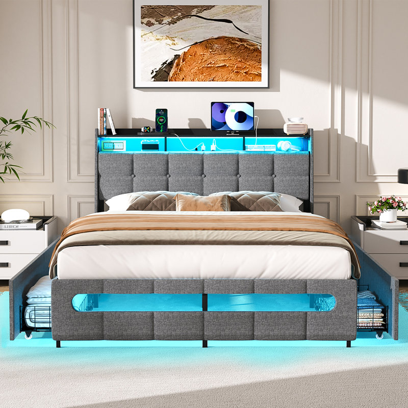 Upholstered Bed Frame With Drawers With Storage Headboard,Charging Station LED Light, Gray, Full
