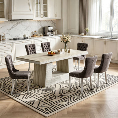 63-94.5" Extendable Dining Table Set for 6 with Wooden Trapezoidal Base, Extendable Dining Tabletop, 6-10 Seats, Hammered Design, Mid-Century Modern R