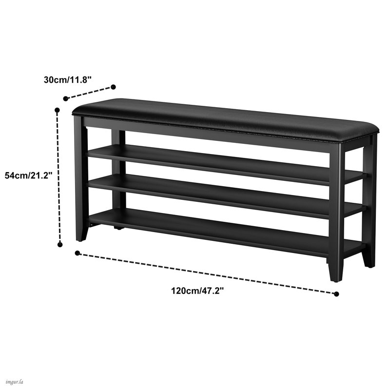Shoe Rack Bench Entryway Storage with Leather Cushion and 3 Height-Adjustable Removable Shelve, 21.2" H x 47.2" W x 11.81" D