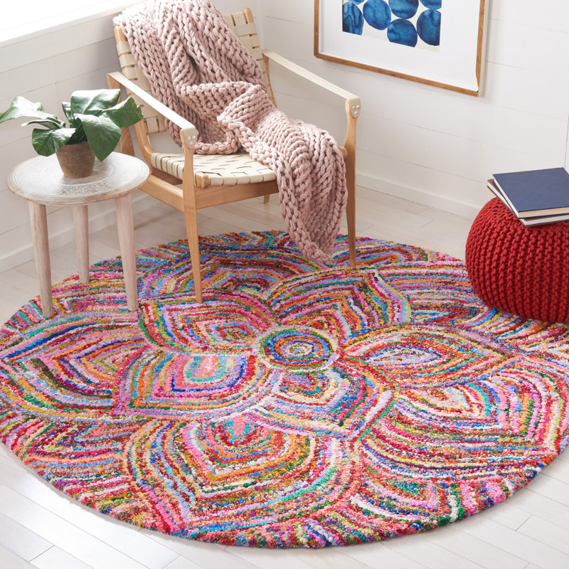 Tapis floral en coton touffeté à la main Anaheim, Rond 4 pi