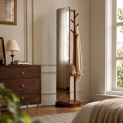 Miroir de plancher pivotant sur 360 degrés en bois massif avec portemanteau et tablette de rangement