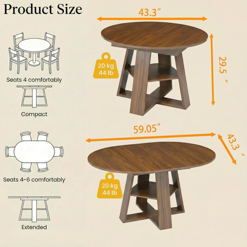 43.3"-59" Extendable Round Dining Table, Circle Kitchen Table Oval Dinner Table For 4-8, Farmhouse Dining Table With Removable Leaves Space Saving And Storage Shelf For Kitchen And Living Room, Walnut