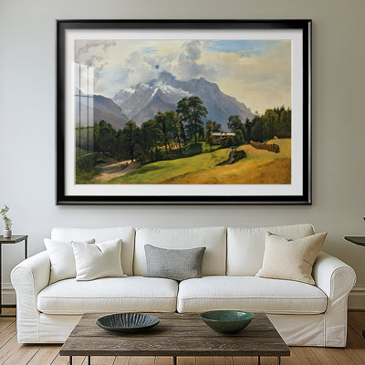 Paysage de montagne avec une maison de campagne -French Gauermann-Reproduction encadrée avec passe-partout et verre-c. Milieu du 19e siècle