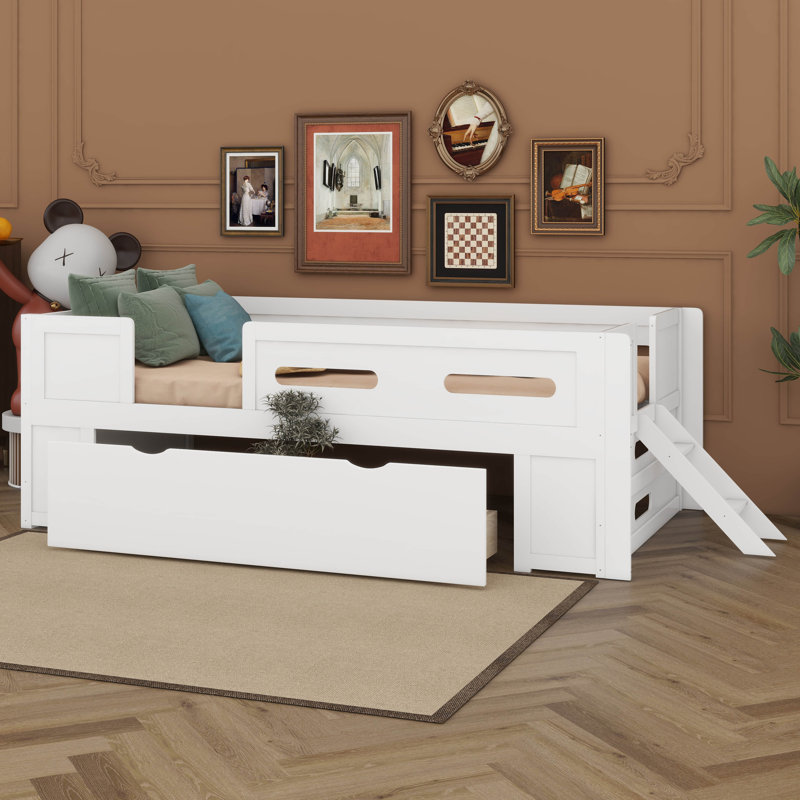 Lit plateforme simple avec garde-corps et tiroir, cadre de lit plateforme en bois pour enfants avec support à lattes de bois  