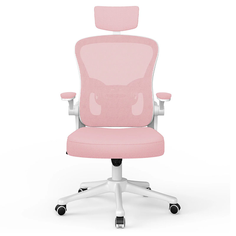 Mesh Office Chair with Headrest, White/Pink
