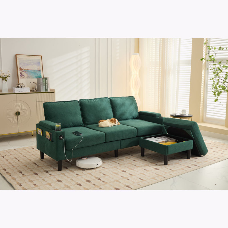 3-Seater Sofa with Storage Ottoman, Green Linen