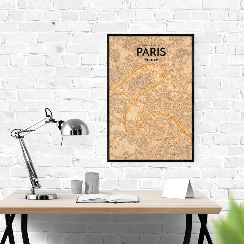 Carte de Paris, impression nautique, H 36 po x l 24 po x P 0,05 po, Orange / or pâle