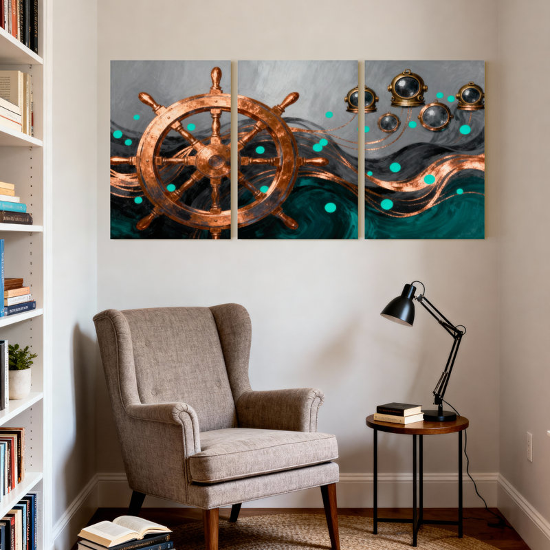 Nautique et plage, roue nautique, vagues, hublots, sarcelle, détails cuivrés, ensemble de 3 impressions sur toile