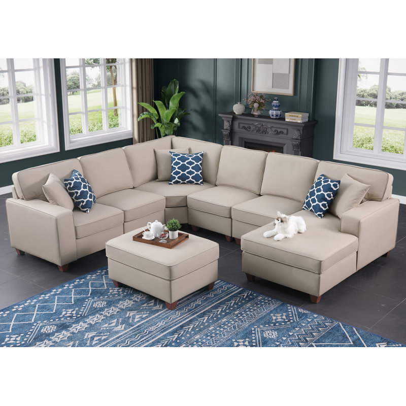 Artificial Leather Modular Sectional With Ottoman, Beige Artificial Leather