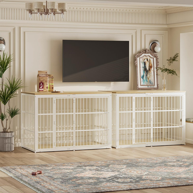 54" Dog Crate Furniture With Foldable Door, Xxl Dog Crates For Large Dogs, Wooden Decorative Dog Cage, Beige/White
