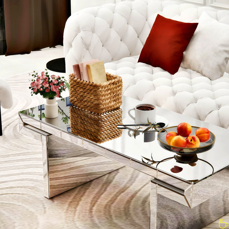 Rectangular Mirror Coffee Table With Fluted Tempered Glass, Modern Sofa Side Table