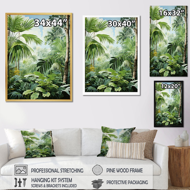Minimalisme, jungle tropicale, tranquillité, palmiers sur toile, Cadre blanc, H 32 po x l 16 po x P 1 po