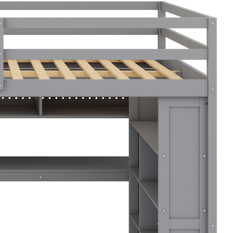 Lit mezzanine multifonctionnel avec garde-robe, poste de travail, rangement et système d'éclairage intégrés, Gris