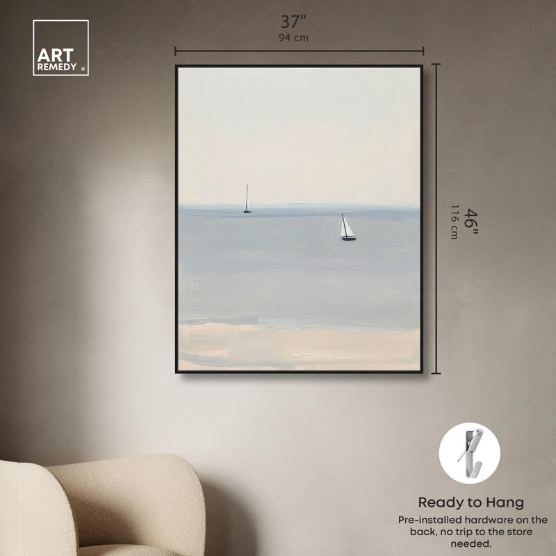 «Boat in Serene Waters II», peintures sur toile par Art Remedy, Cadre flottant noir, H 46 po x l 37 po
