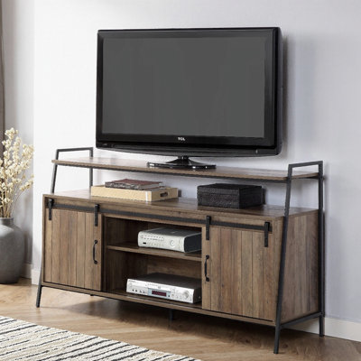 Rustic Oak And Black TV Stand With Sliding Barn Door, Durable Metal Frame For Modern Industrial Aesthetic And Functional Storage.