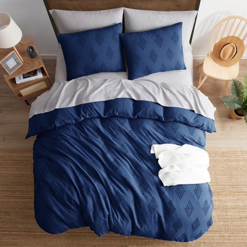 Modern Boho Duvet Cover Set, Navy, Queen Duvet Cover + 2 Shams