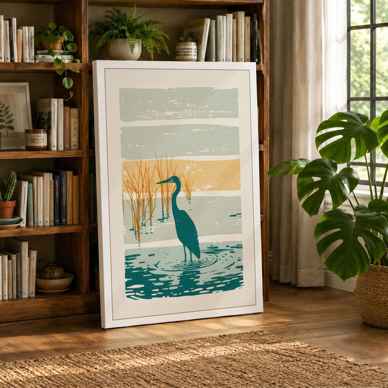 Heron in Reeds Japandi - Wrapped Canvas, 24x16 - 61.0 x 40.6 cm, Ochre Border